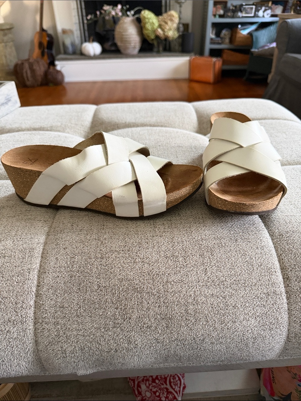FRAU White Leather Crisscross Cork Wedge Slides 39/8.5 | Made in Italy